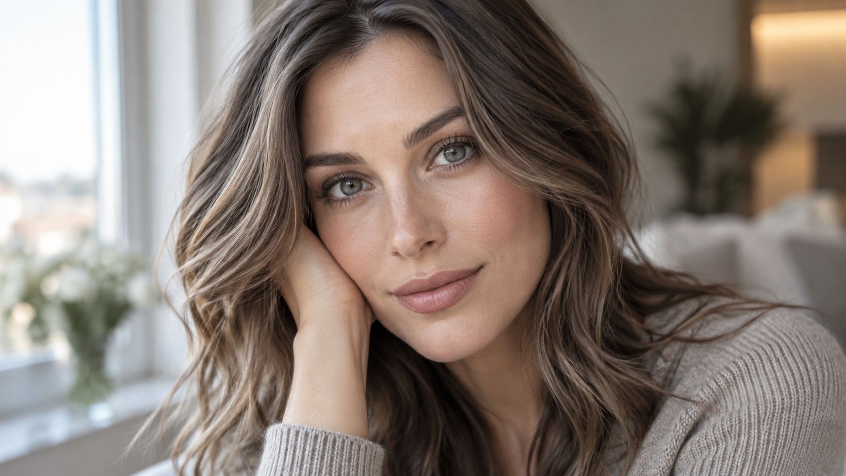 Soft brown hair color that makes gray eyes stand out
