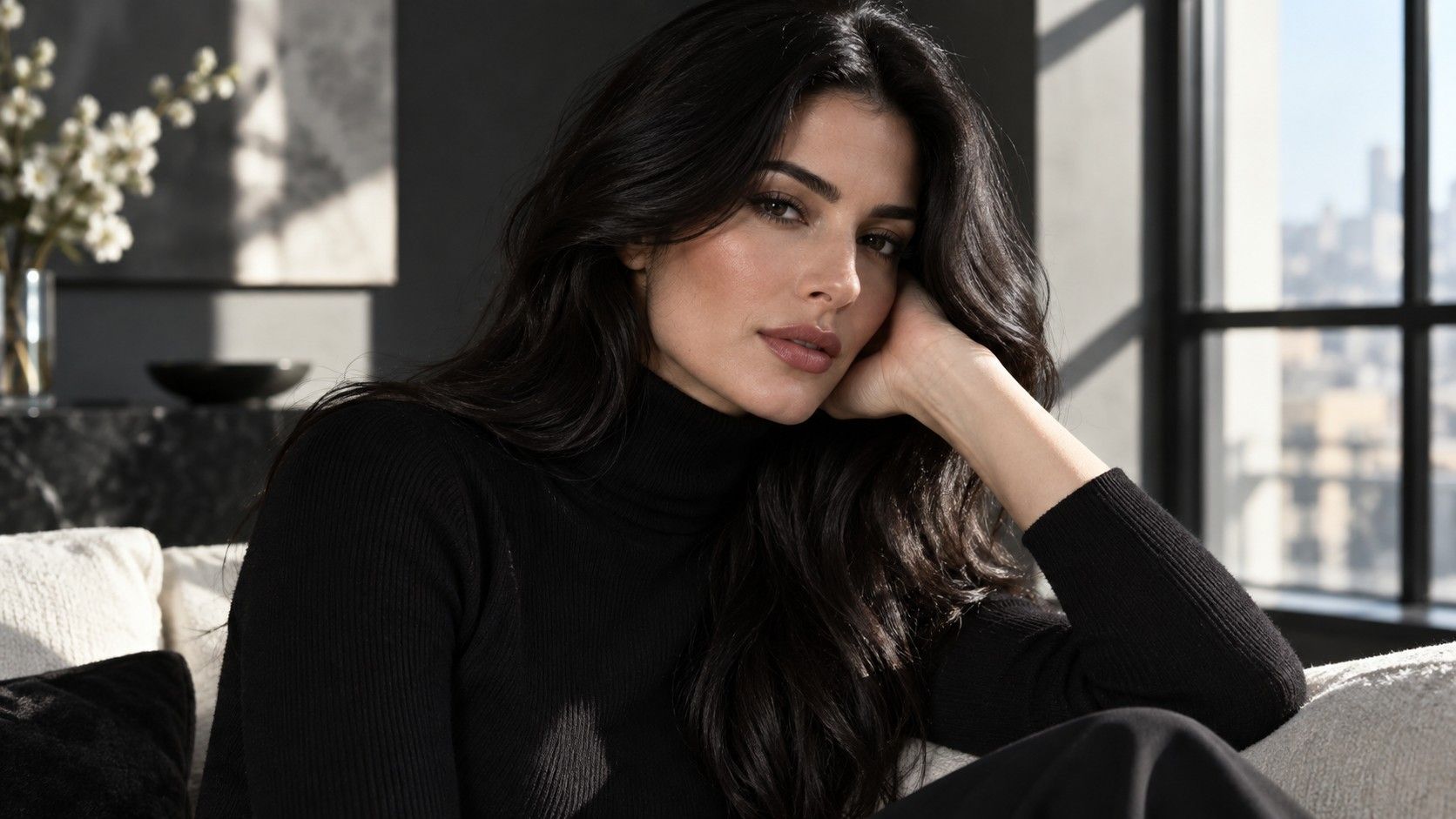 Glossy deep brunette hair color for a Deep Winter palette